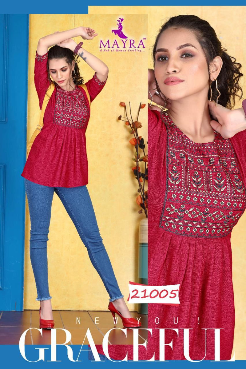 Mayra Sakshi Liquid Slub Embroidered Short Fancy Kurtis