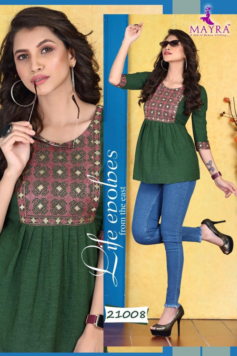 Mayra Sakshi Liquid Slub Embroidered Short Fancy Kurtis