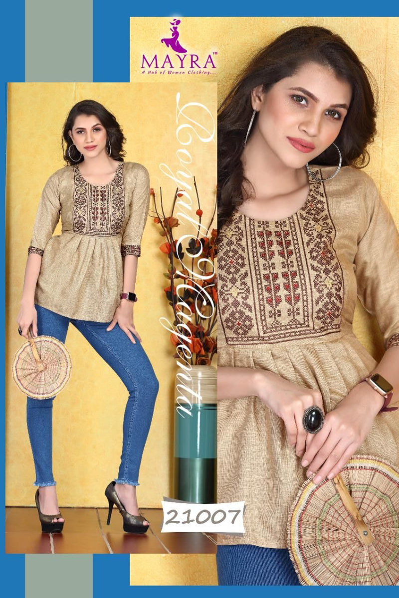 Mayra Sakshi Liquid Slub Embroidered Short Fancy Kurtis