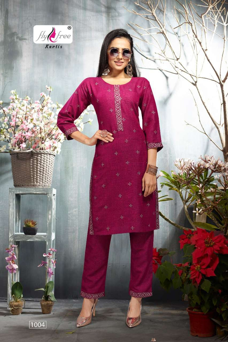 Fly Free Saloni Rayon Fancy Stylish Festive Wear Embroidered  Kurtis With Bottom