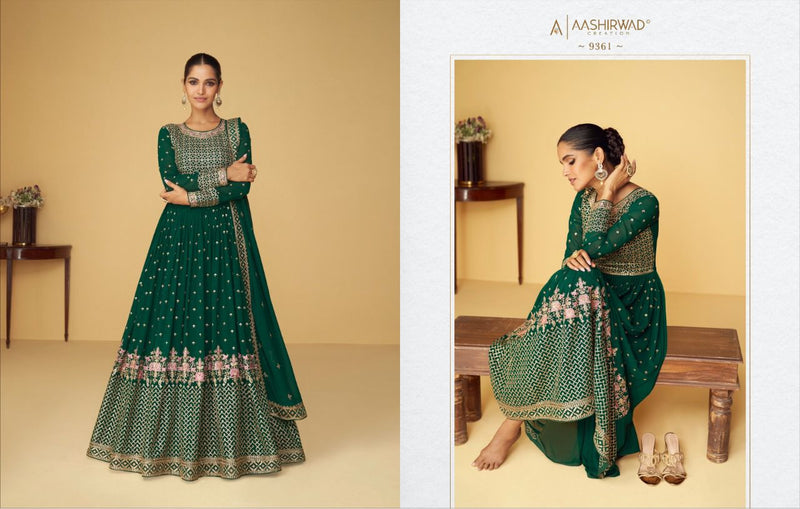 Aashirwad Heroine Gold Georgette With Fancy Embroidery Work Stylish Designer Long Gown