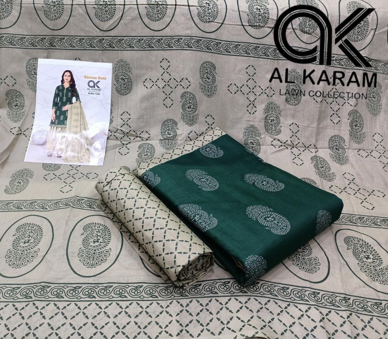 Al Karam Sanam Gold Pure Cotton With Printed Work Stylish Designer Salwar Kameez