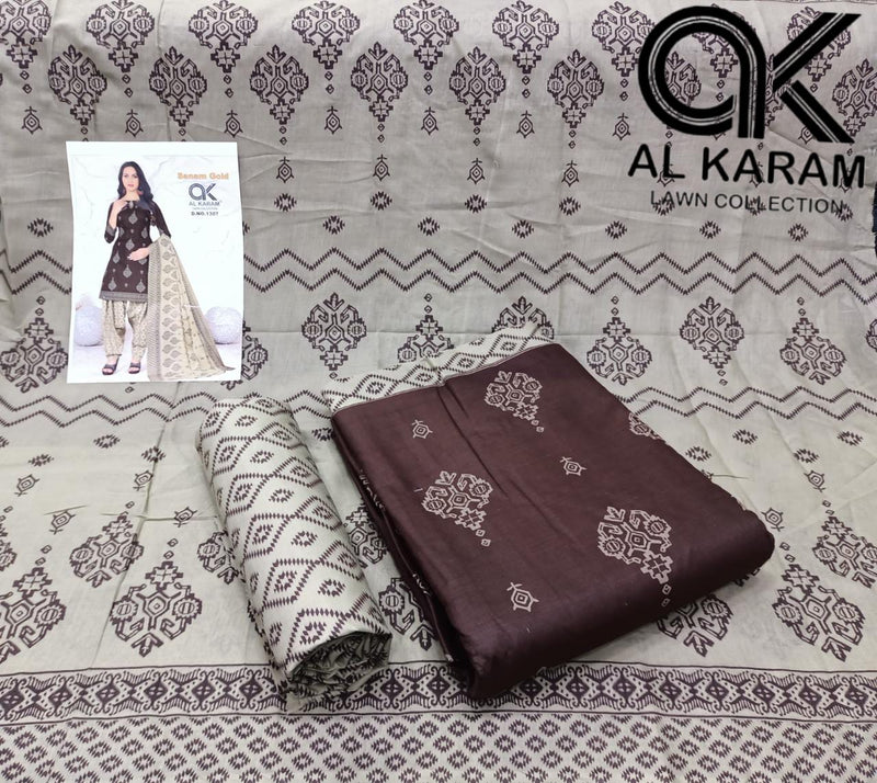 Al Karam Sanam Gold Pure Cotton With Printed Work Stylish Designer Salwar Kameez