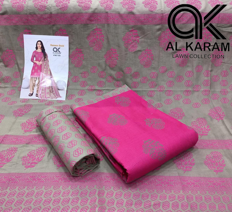Al Karam Sanam Gold Pure Cotton With Printed Work Stylish Designer Salwar Kameez