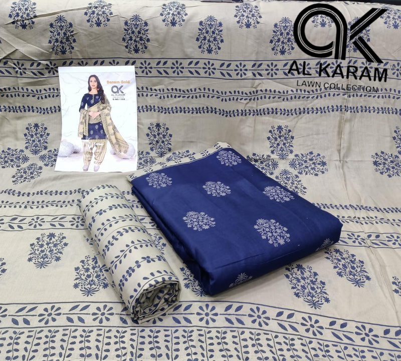 Al Karam Sanam Gold Pure Cotton With Printed Work Stylish Designer Salwar Kameez