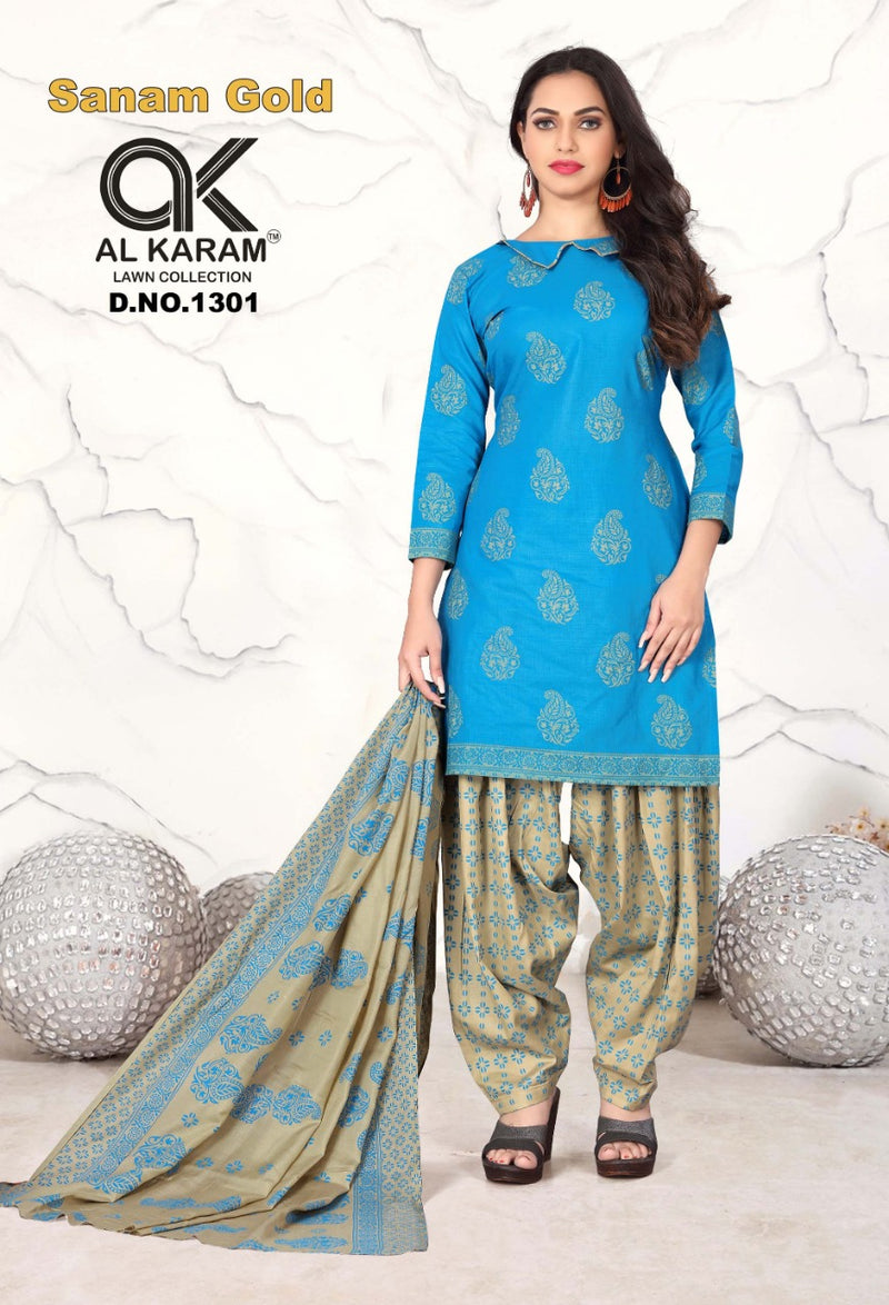 Al Karam Sanam Gold Pure Cotton With Printed Work Stylish Designer Salwar Kameez