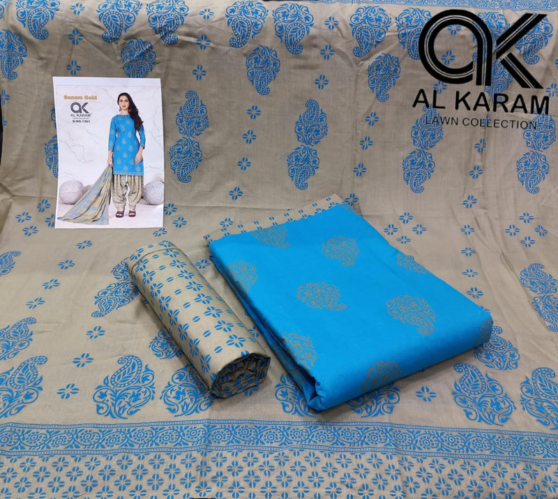 Al Karam Sanam Gold Pure Cotton With Printed Work Stylish Designer Salwar Kameez