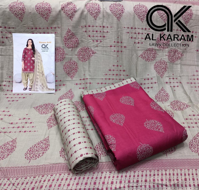 Al Karam Sanam Gold Pure Cotton With Printed Work Stylish Designer Salwar Kameez