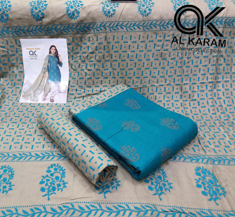 Al Karam Sanam Gold Pure Cotton With Printed Work Stylish Designer Salwar Kameez