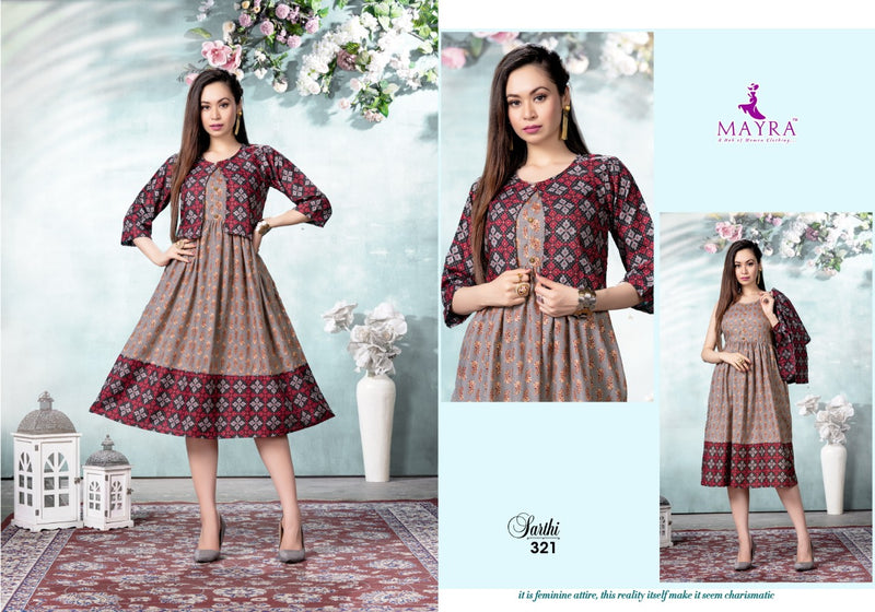 Mayra Sarthi Rayon Capsul Foil Printed Fancy Party Wear Kurtis With Jacket