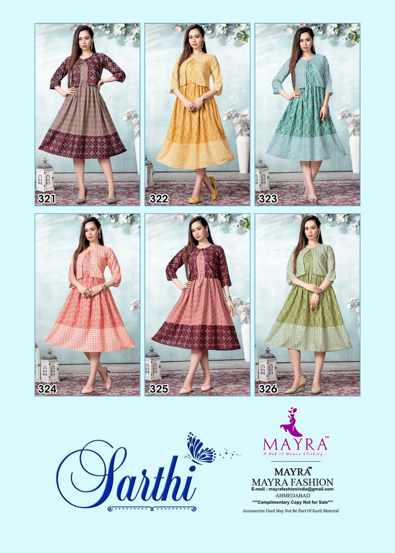 Mayra Sarthi Rayon Capsul Foil Printed Fancy Party Wear Kurtis With Jacket