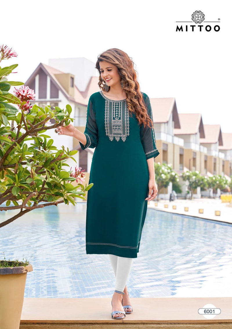 Mittoo Dno 6001 To 6004 Georgette With Embroidery Work Stylish Designer Fancy Party wear Kurti