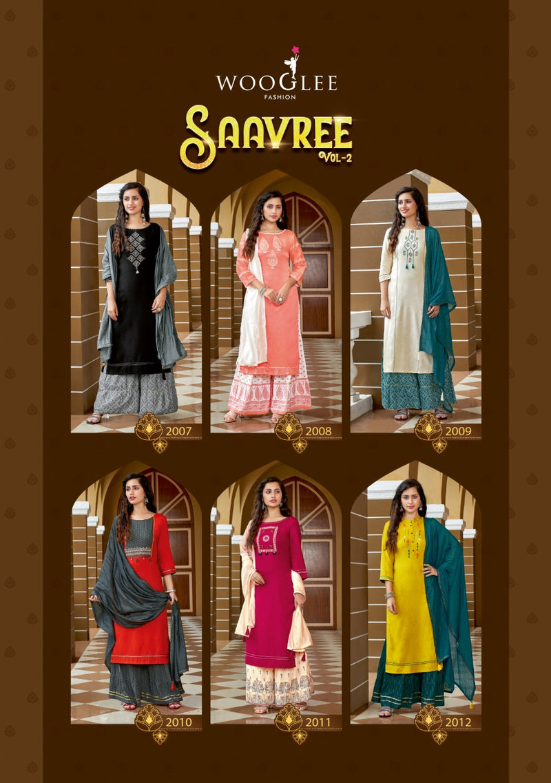 Wooglee Savree Vol 2 Rayon Printed Sharara  Bottom Style Party Wear Kurtis & Dupatta