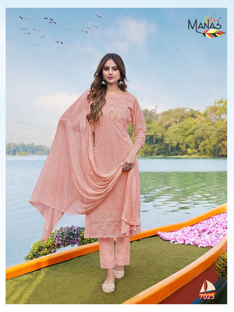 Manas Fab Schiffli Vol 5 Georgette Designer Party Wear Embroidered Kurtis With Bottom & Dupatta