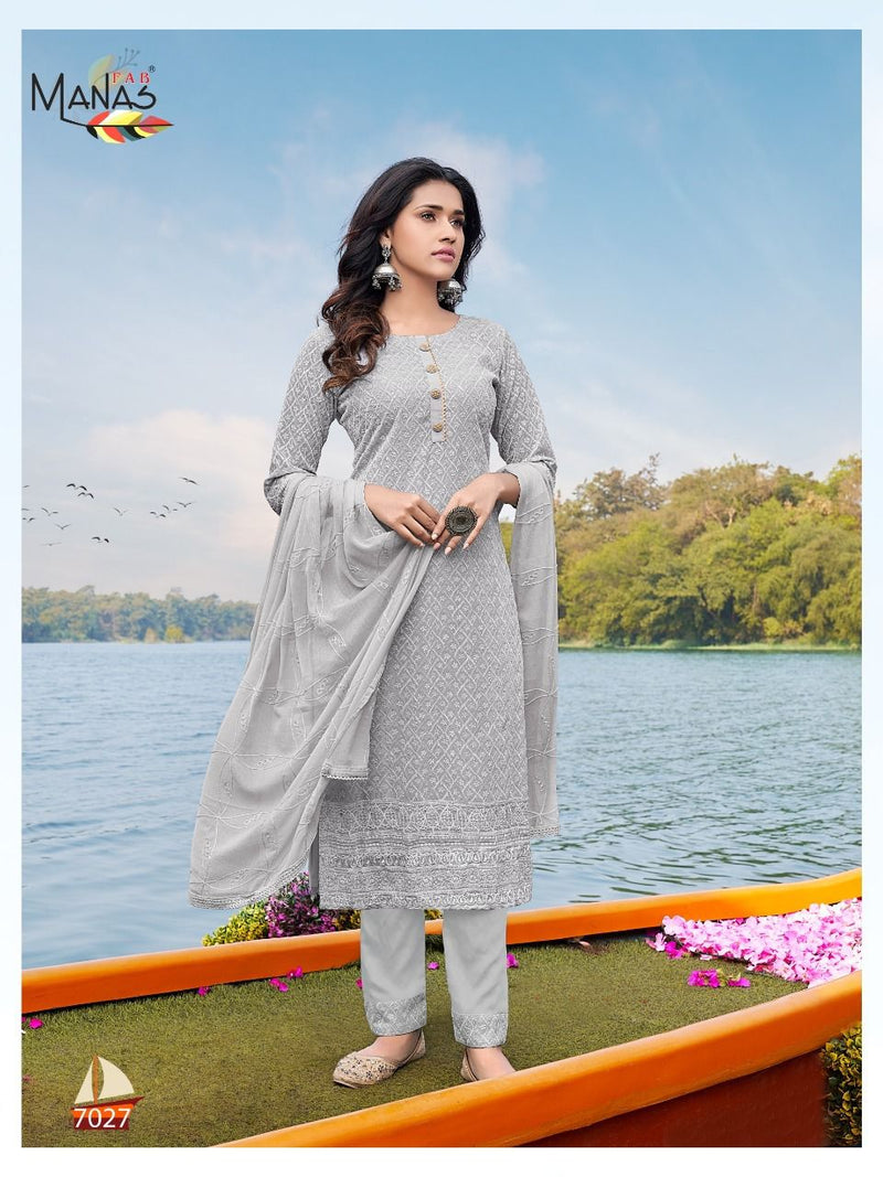 Manas Fab Schiffli Vol 5 Georgette Designer Party Wear Embroidered Kurtis With Bottom & Dupatta