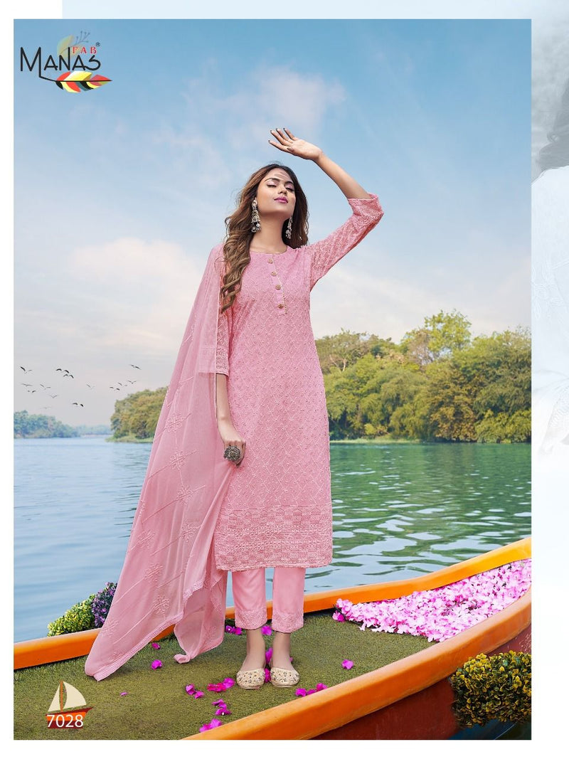 Manas Fab Schiffli Vol 5 Georgette Designer Party Wear Embroidered Kurtis With Bottom & Dupatta