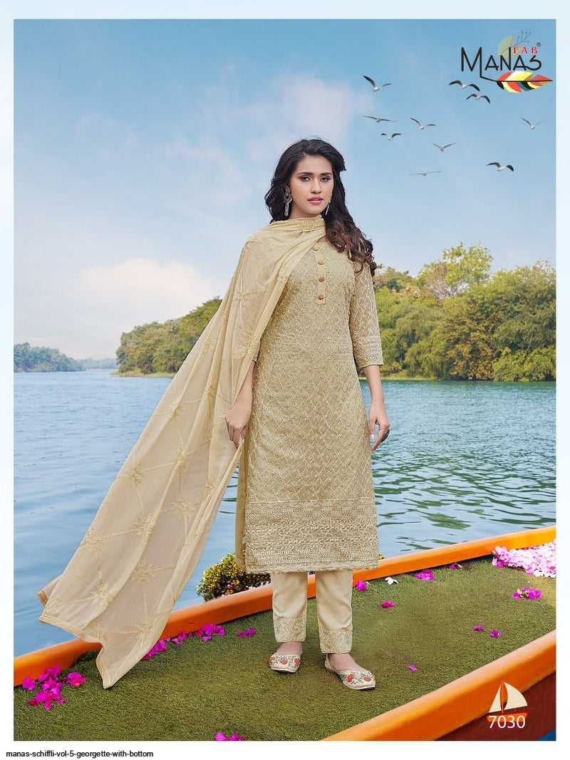 Manas Fab Schiffli Vol 5 Georgette Designer Party Wear Embroidered Kurtis With Bottom & Dupatta