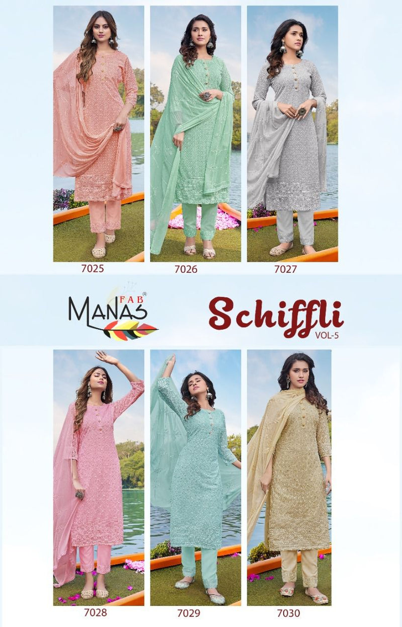 Manas Fab Schiffli Vol 5 Georgette Designer Party Wear Embroidered Kurtis With Bottom & Dupatta