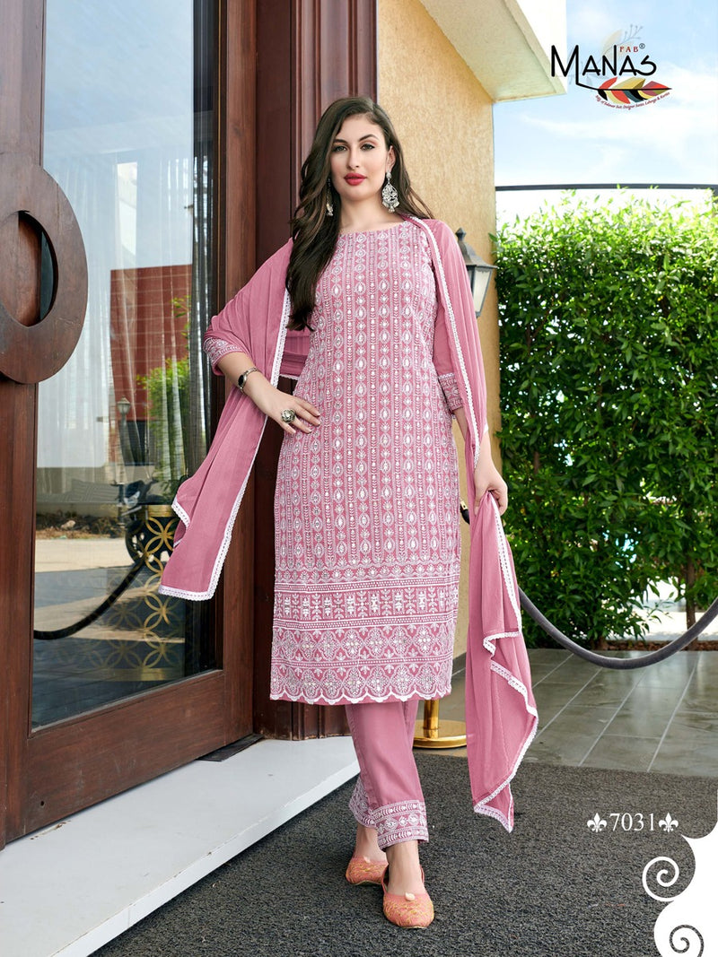 Manas Fab Schiffli Vol 6 Georgette Schiffli Work Fancy Party Wear Kurtis With Set & Dupatta