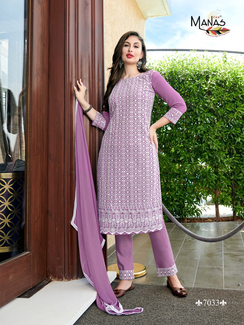 Manas Fab Schiffli Vol 6 Georgette Schiffli Work Fancy Party Wear Kurtis With Set & Dupatta