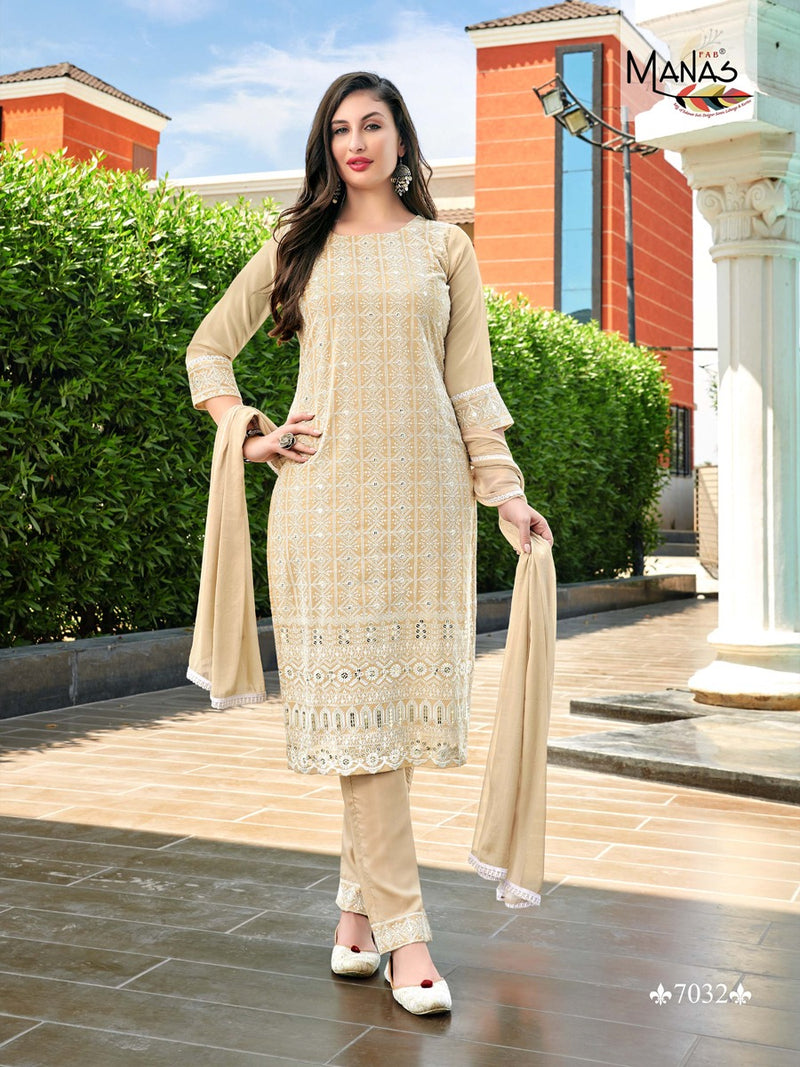 Manas Fab Schiffli Vol 6 Georgette Schiffli Work Fancy Party Wear Kurtis With Set & Dupatta