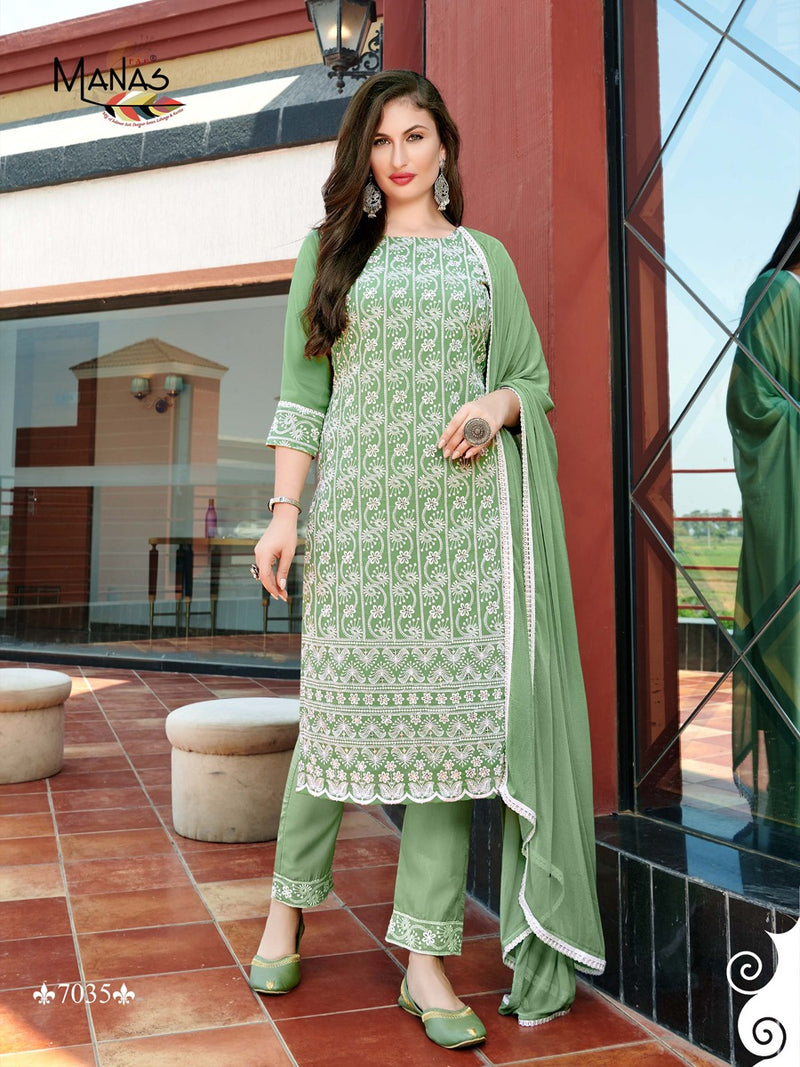 Manas Fab Schiffli Vol 6 Georgette Schiffli Work Fancy Party Wear Kurtis With Set & Dupatta