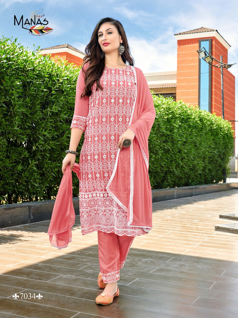 Manas Fab Schiffli Vol 6 Georgette Schiffli Work Fancy Party Wear Kurtis With Set & Dupatta