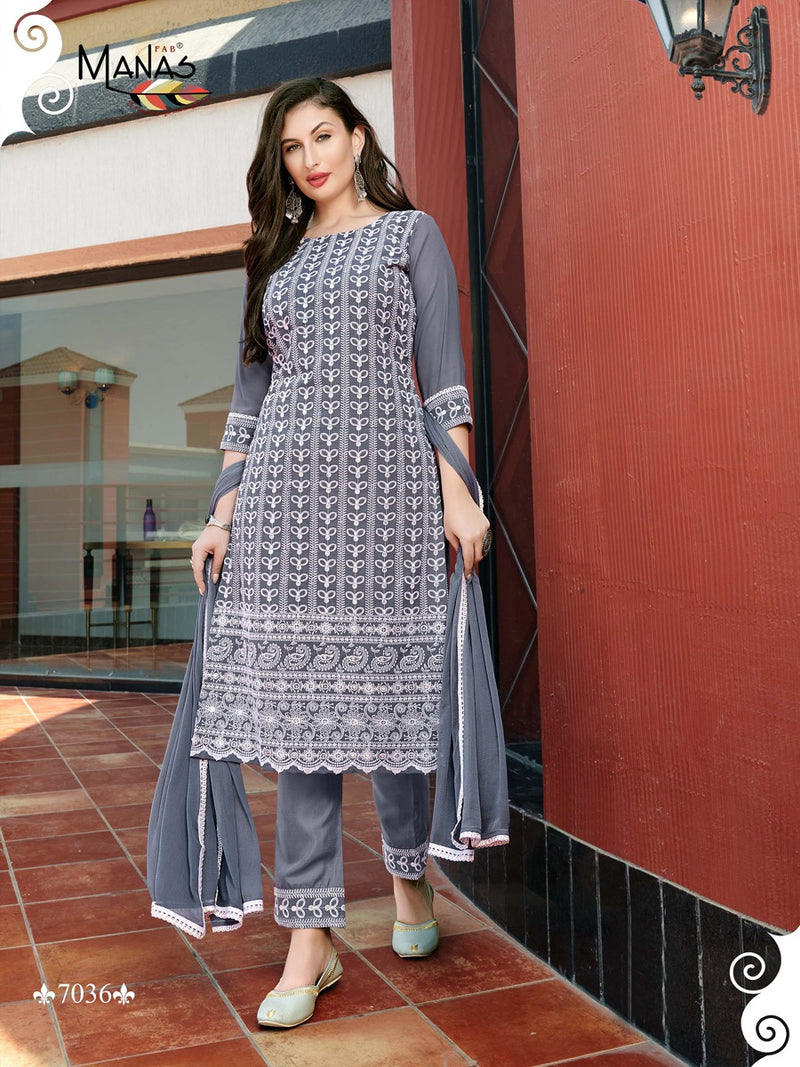 Manas Fab Schiffli Vol 6 Georgette Schiffli Work Fancy Party Wear Kurtis With Set & Dupatta