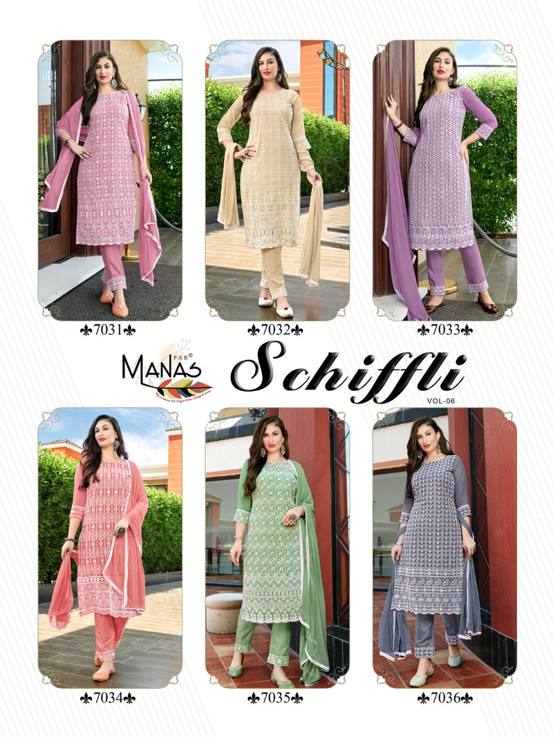 Manas Fab Schiffli Vol 6 Georgette Schiffli Work Fancy Party Wear Kurtis With Set & Dupatta