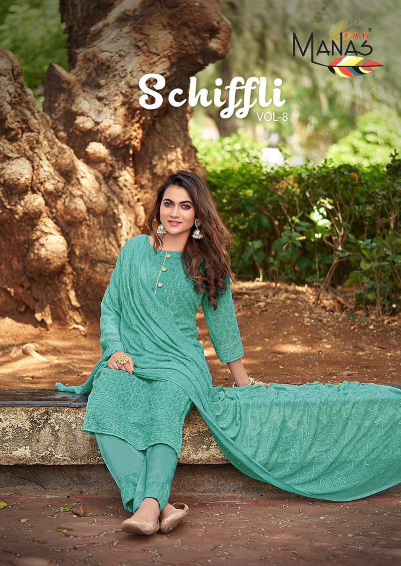 Manas Fab Schiffli Vol 8 Georgette Embroidered Designer Party Wear Kurtis With Bottom & Dupatta