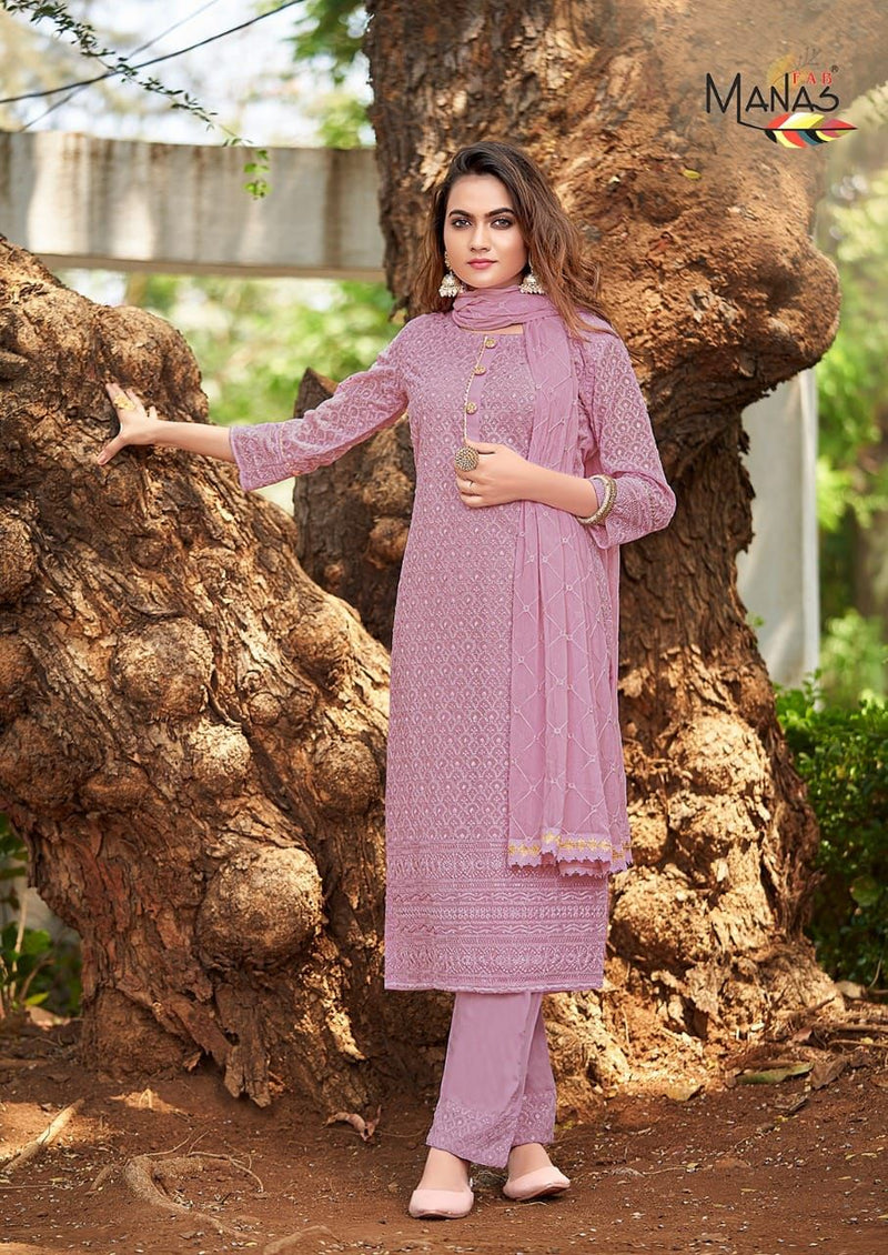 Manas Fab Schiffli Vol 8 Georgette Embroidered Designer Party Wear Kurtis With Bottom & Dupatta