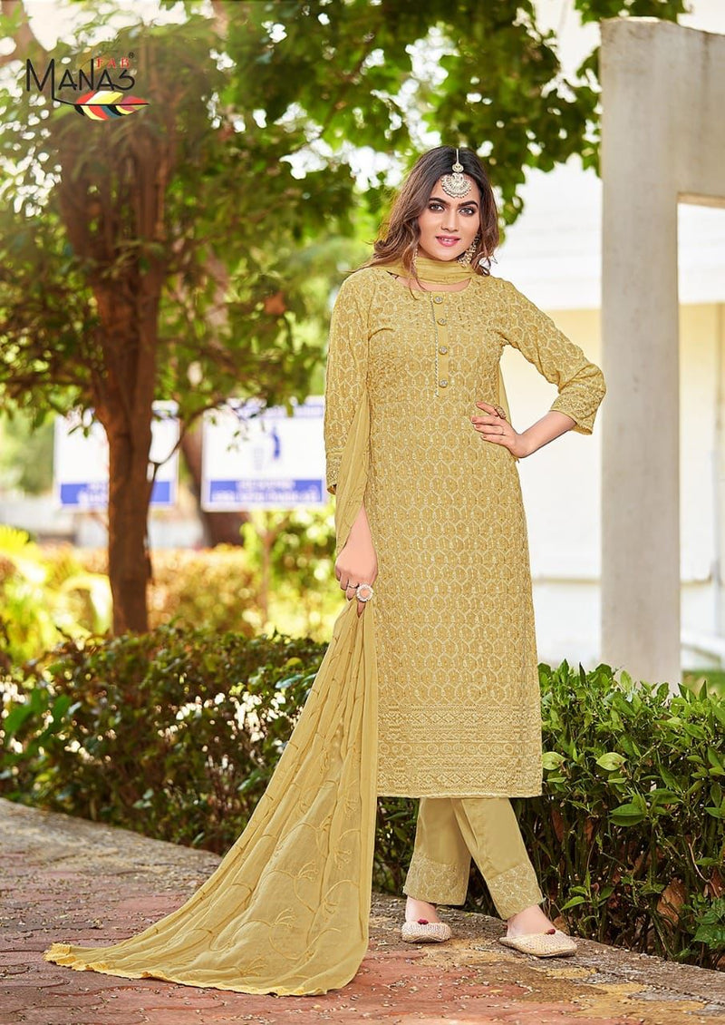 Manas Fab Schiffli Vol 8 Georgette Embroidered Designer Party Wear Kurtis With Bottom & Dupatta