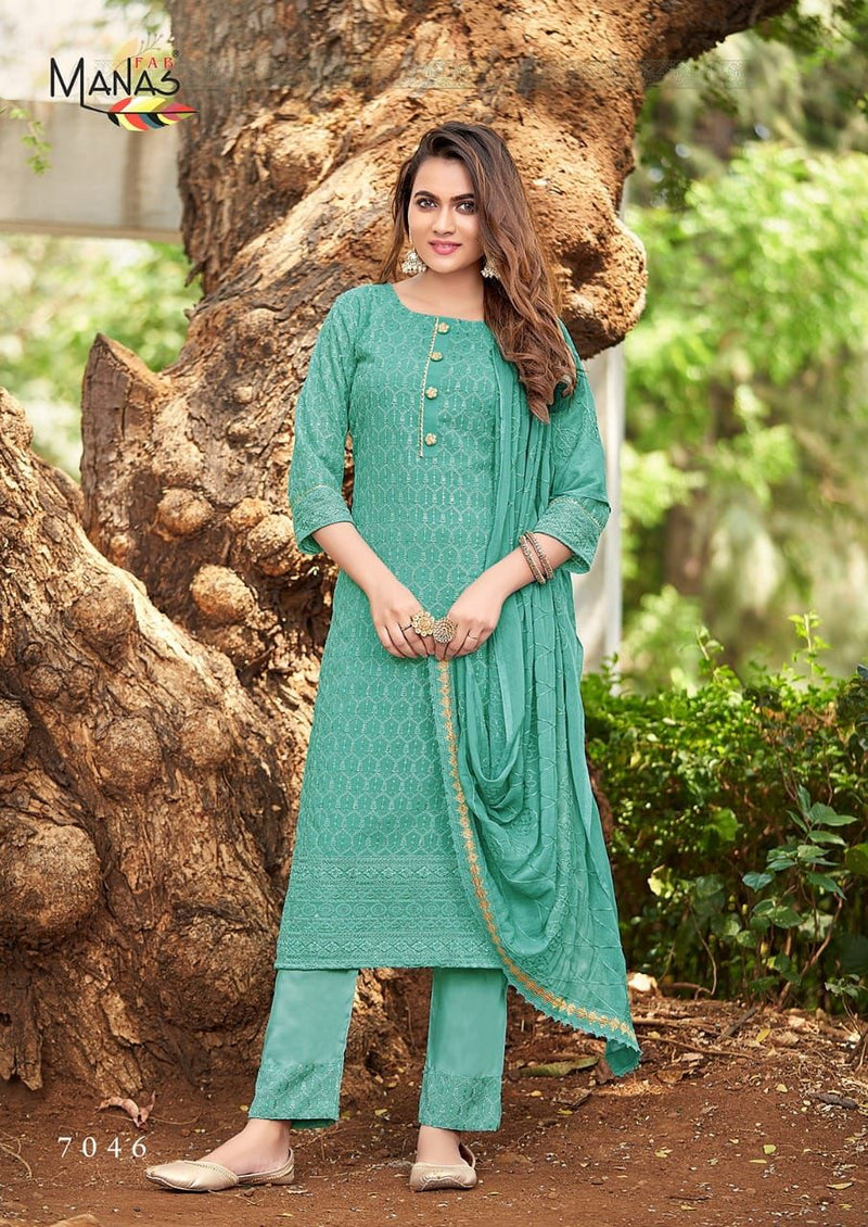 Manas Fab Schiffli Vol 8 Georgette Embroidered Designer Party Wear Kurtis With Bottom & Dupatta