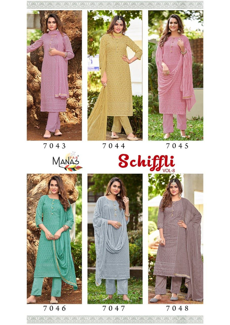 Manas Fab Schiffli Vol 8 Georgette Embroidered Designer Party Wear Kurtis With Bottom & Dupatta