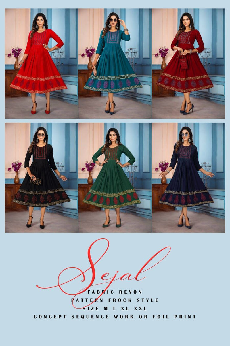 Golden Sejal Vol 1 Rayon Fancy Stylish Frock Style Party Wear Kurtis With Sequence Work