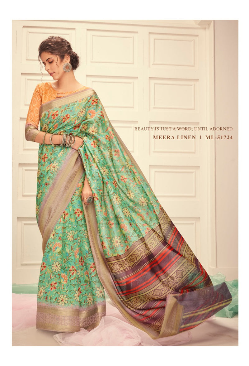 Shangrila Meera Linen Saree Digital Print Weaving Border In Linen
