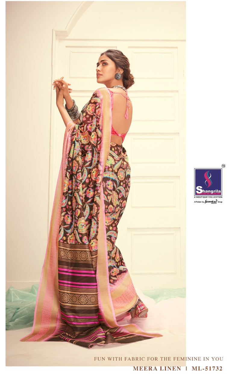 Shangrila Meera Linen Saree Digital Print Weaving Border In Linen