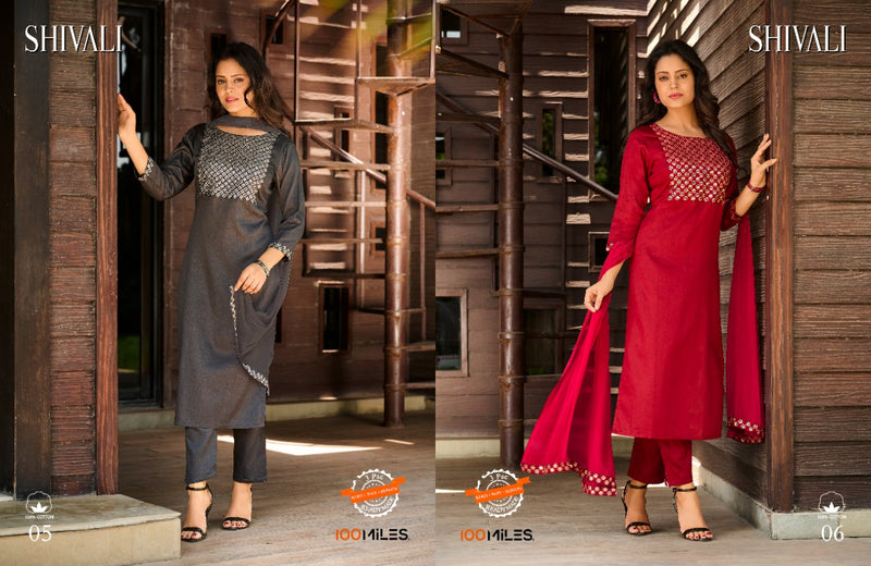 100 Miles Shivali Cotton Satin Fancy party Wear Kurtis With Bottom & Dupatta