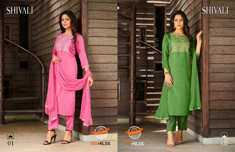 100 Miles Shivali Cotton Satin Fancy party Wear Kurtis With Bottom & Dupatta