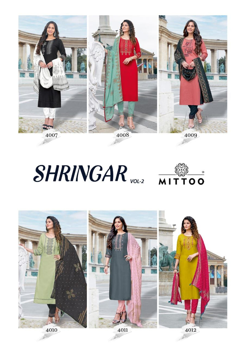 Mittoo Shringar Vol 2 Viscose Fancy Designer Party Wear Kurtis With Set Of Bottom & Dupatta