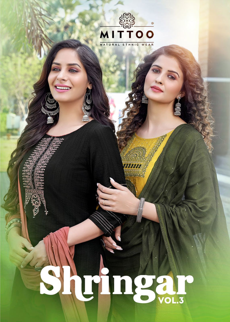 Mittoo Shrinagar Vol 3 Viscose Embroidered Designer Party Wear Kurtis With Bottom & Dupatta