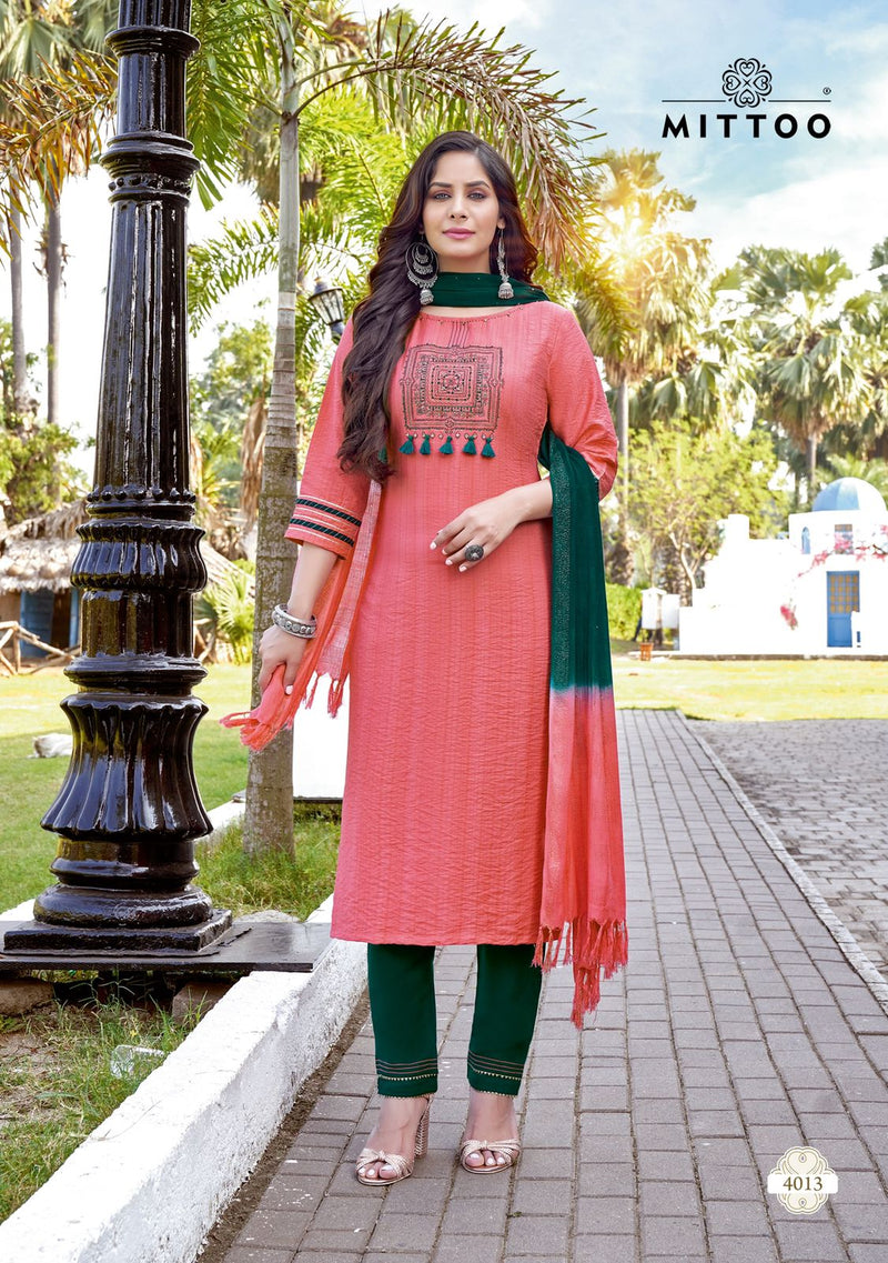 Mittoo Shrinagar Vol 3 Viscose Embroidered Designer Party Wear Kurtis With Bottom & Dupatta