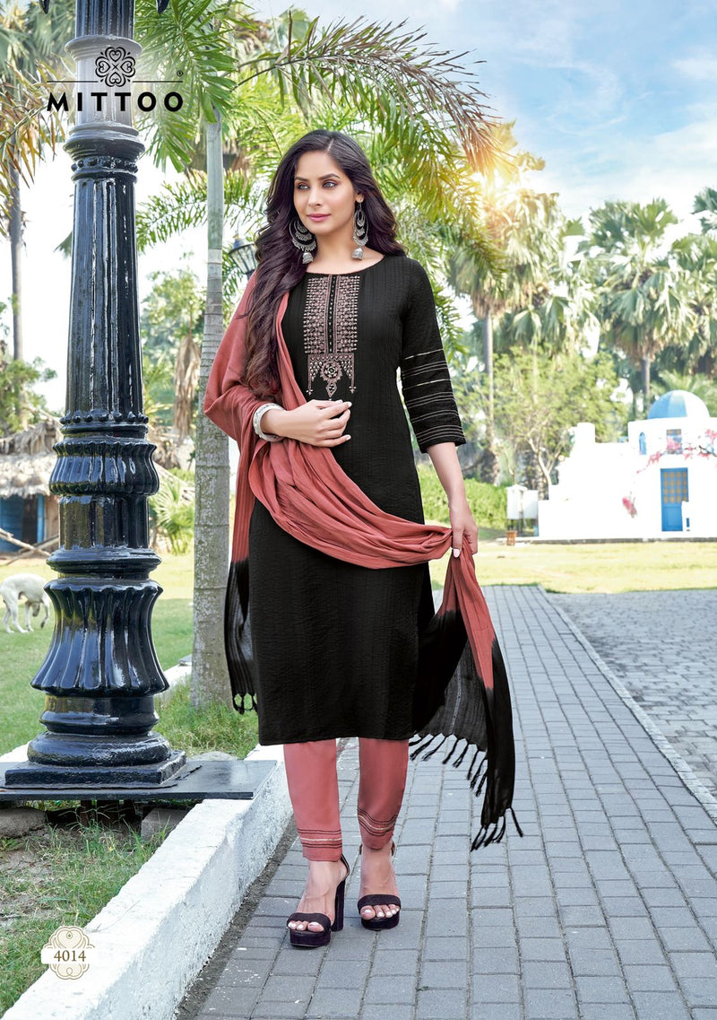 Mittoo Shrinagar Vol 3 Viscose Embroidered Designer Party Wear Kurtis With Bottom & Dupatta