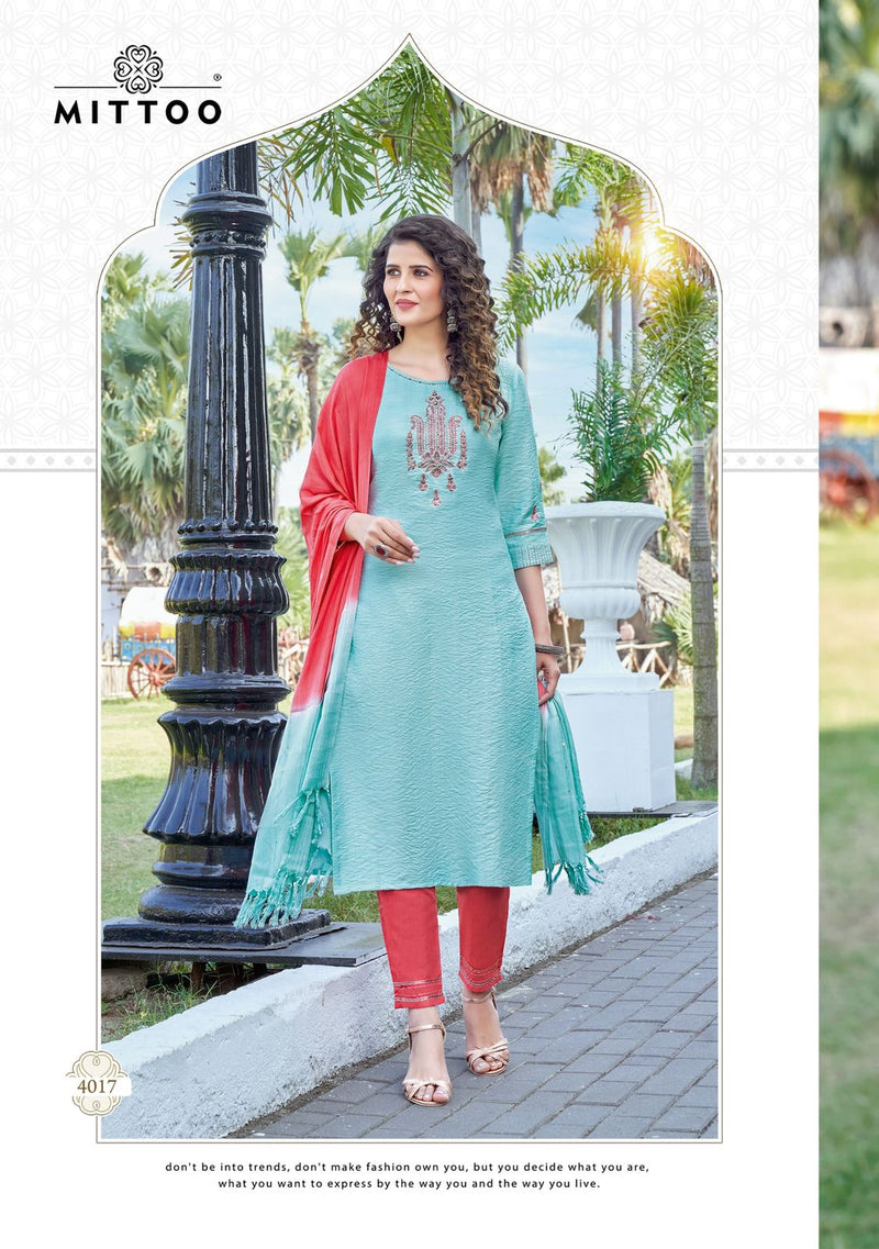 Mittoo Shrinagar Vol 3 Viscose Embroidered Designer Party Wear Kurtis With Bottom & Dupatta