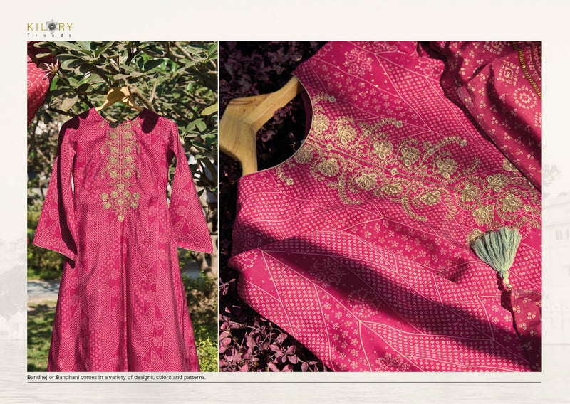 Kilory Trendz Silk Of Bandhej Viscose Musline Digital Foil Print Fancy Coding Work Fancy Designer Partywear Salwar Suit