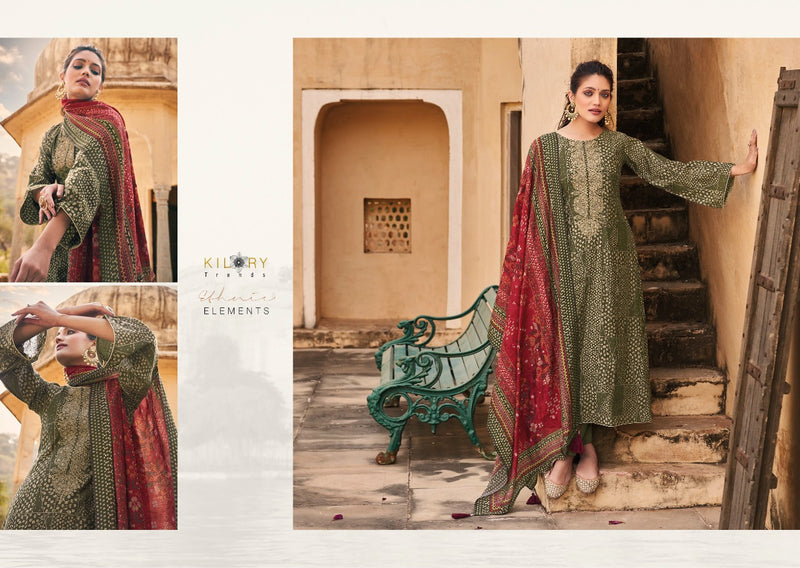 Kilory Trendz Silk Of Bandhej Viscose Musline Digital Foil Print Fancy Coding Work Fancy Designer Partywear Salwar Suit