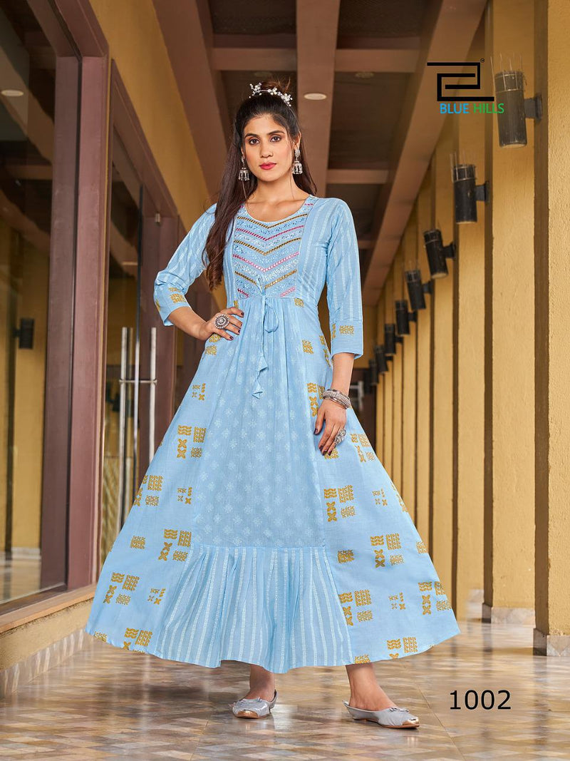 Blue Hills Sizzling Pure Cotton With Heavy Embroidery Work Stylish Designer Long Gown