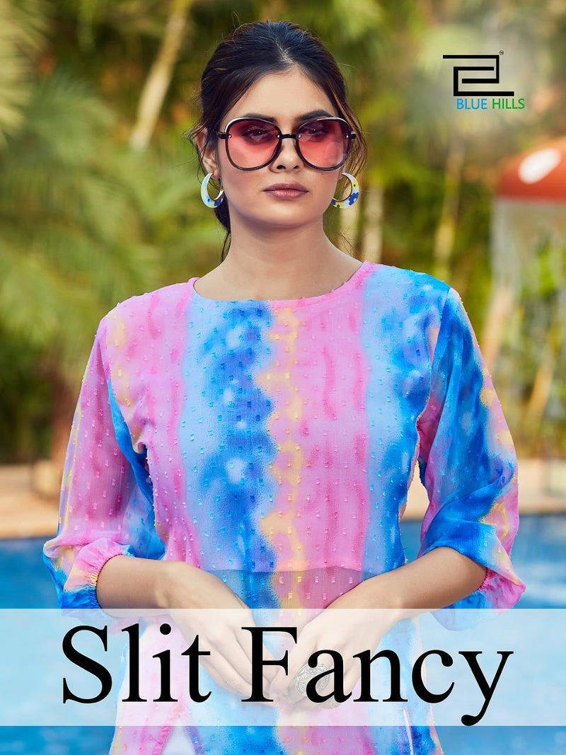 Blue Hills Slit Fancy Georgette With Fancy Butti Print Party Wear Kurtis