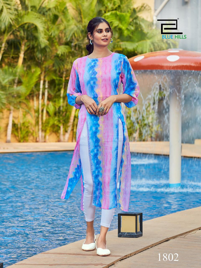 Blue Hills Slit Fancy Georgette With Fancy Butti Print Party Wear Kurtis