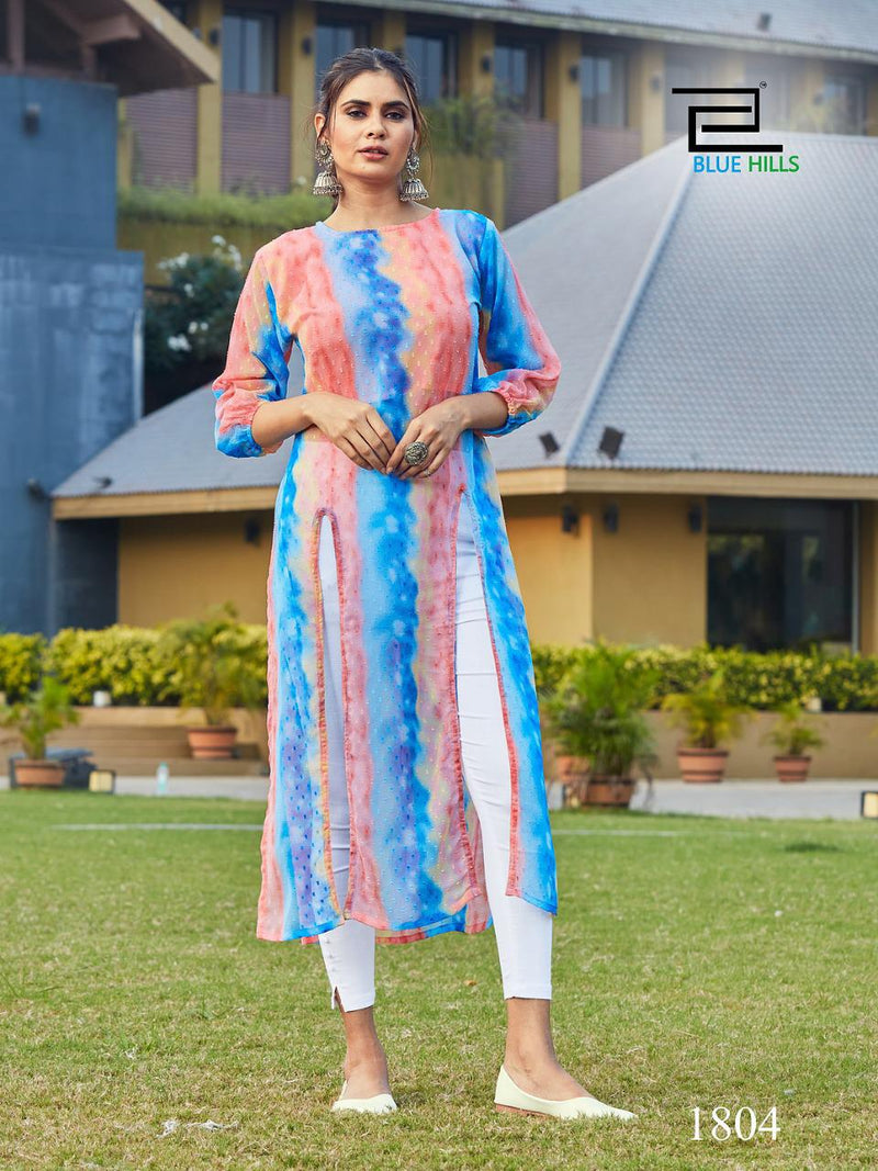 Blue Hills Slit Fancy Georgette With Fancy Butti Print Party Wear Kurtis